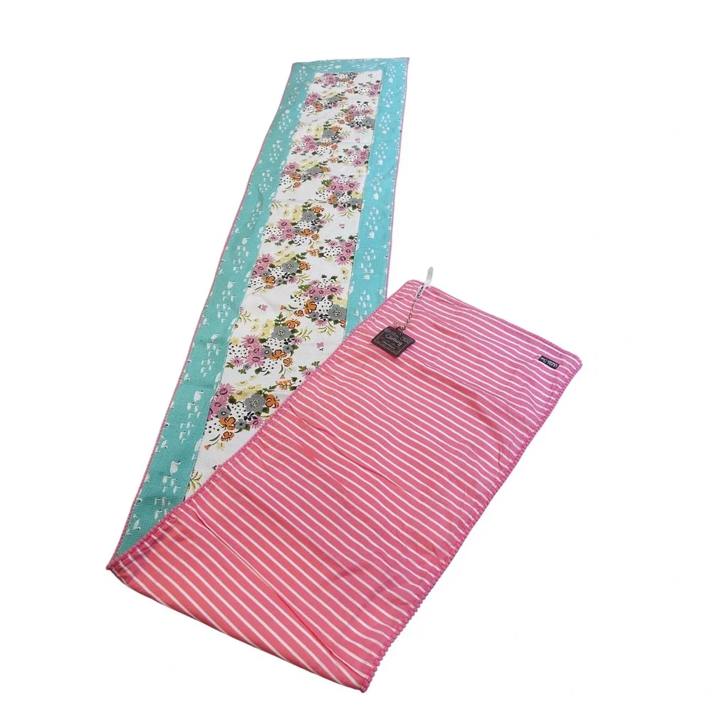 Matilda Jane Floral Swan Reversible Table Runner Pink Teal Stripe Pom Pom NWT